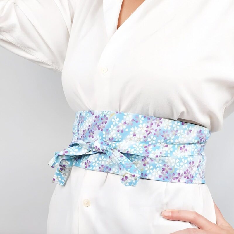 Blue Obi Belt with Cherry Blossom Pattern