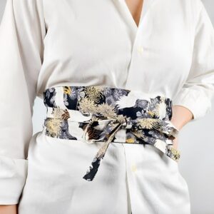 Obi Belt with Crane and Chrysanthemum Patterns
