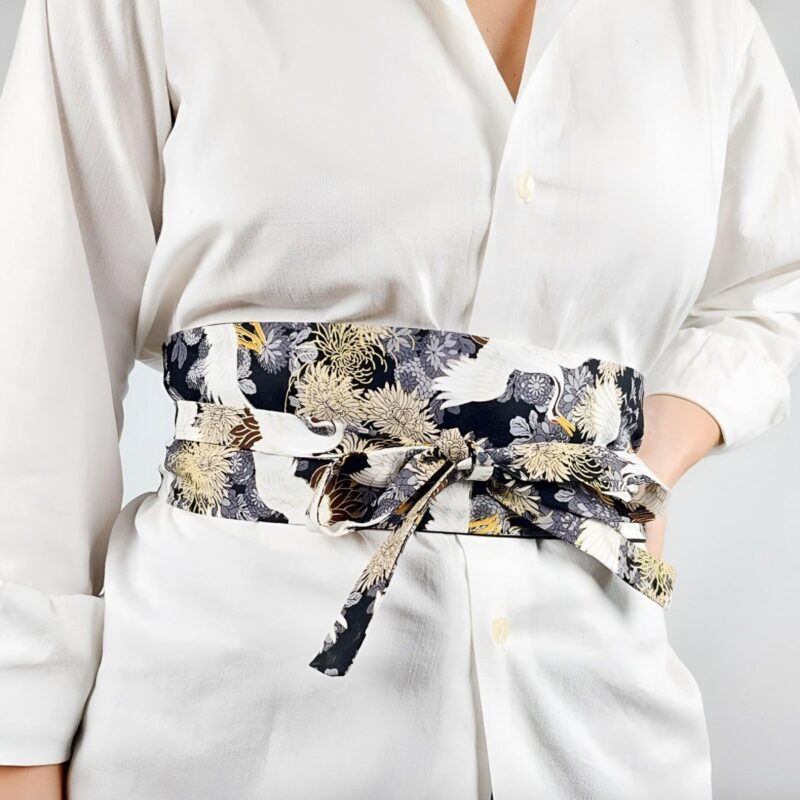 Obi Belt with Crane and Chrysanthemum Patterns
