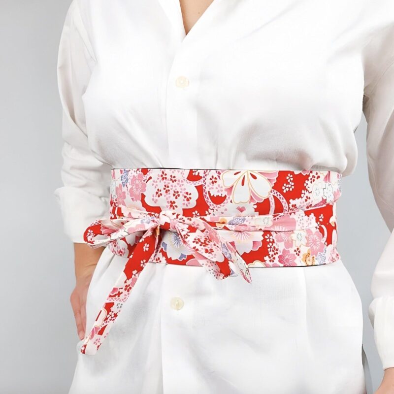 Red Obi Belt with Japanese Flower Patterns