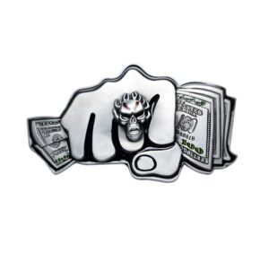 Skull Belt Buckle with Fist Holding a Wad of Cash