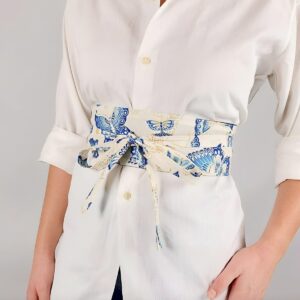 White Obi Belt with Butterfly Pattern