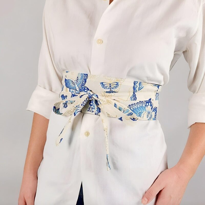 White Obi Belt with Butterfly Pattern